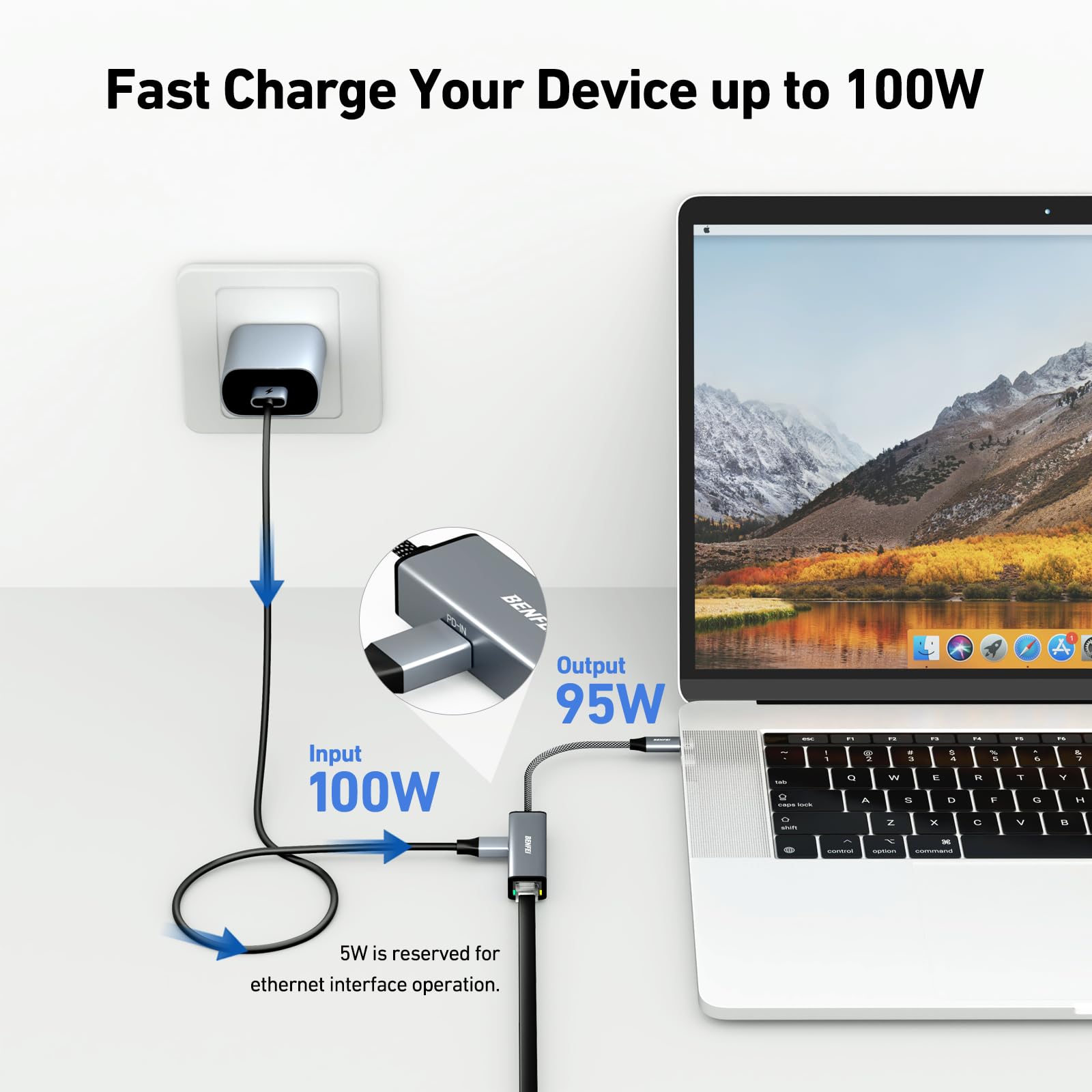 Benfei Usb C To Ethernet Gigabit Adapter With 100W Power Delivery, Thunderbolt 3/4 To Rj45 Ethernet Lan Network Adapter Compatib